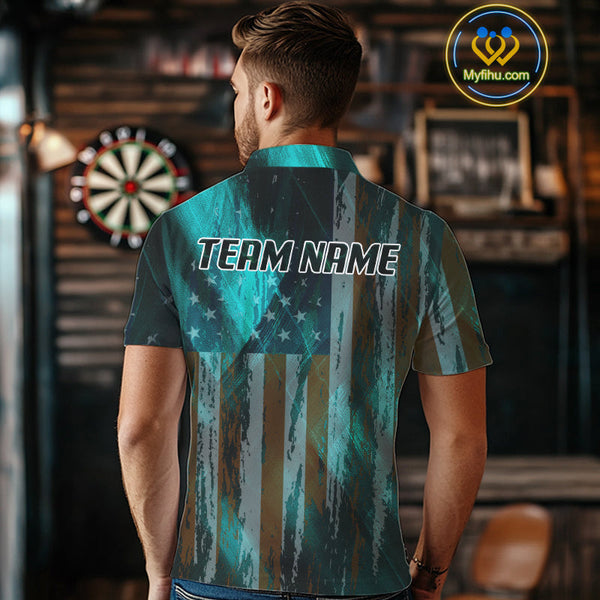 Custom Teal Blue US Flag Wings Dartboard Dart Men Polo Shirt, Patriotic Dart Jersey NYN0661