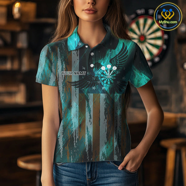 Custom Teal Blue US Flag Wings Dartboard Dart Women Polo Shirt, Patriotic Dart Jersey NYN0661