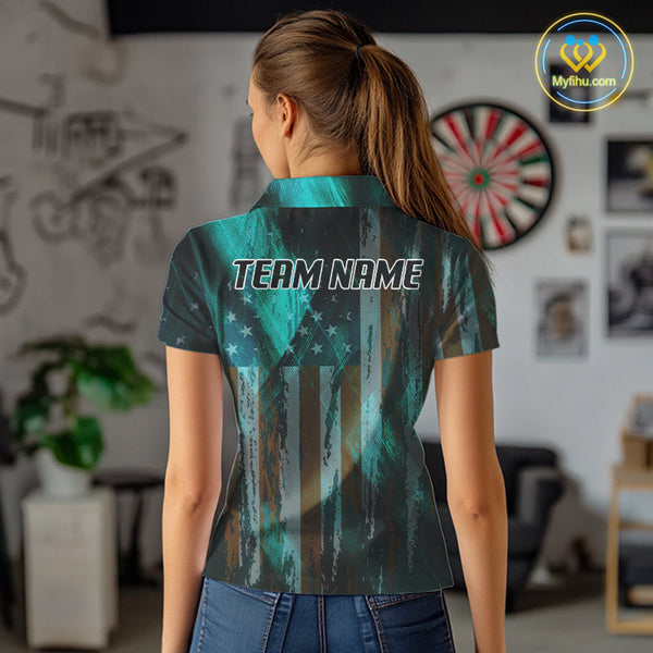 Custom Teal Blue US Flag Wings Dartboard Dart Women Polo Shirt, Patriotic Dart Jersey NYN0661