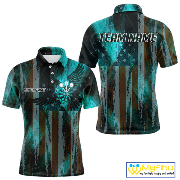 Custom Teal Blue US Flag Wings Dartboard Dart Men Polo Shirt, Patriotic Dart Jersey NYN0661