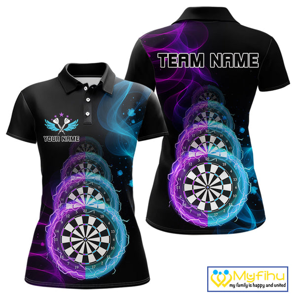 Custom Blue Purple Flame Dartboard Lightning Dart Polo Shirts For Women, Dart Jerseys NYN0662