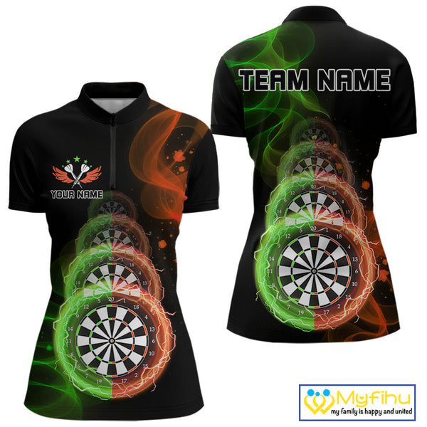 Custom Green Orange Flame Dartboard Lightning Dart Women Quarter-Zip Shirt, Dart Jerseys NYN0663