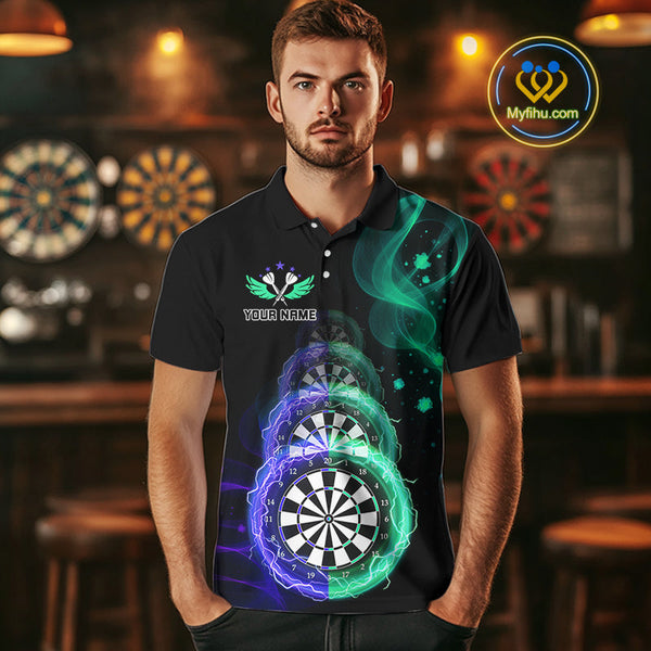 Custom Blue Green Flame Dartboard Lightning Dart Polo Shirts For Men, Dart Jerseys NYN0664