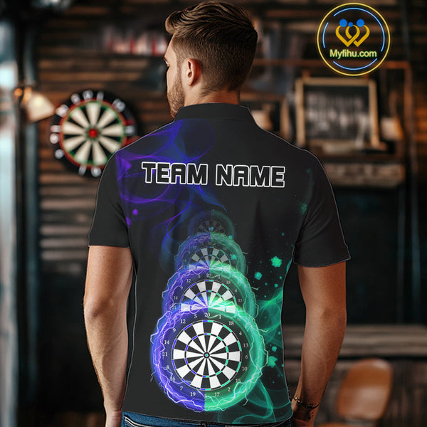 Custom Blue Green Flame Dartboard Lightning Dart Polo Shirts For Men, Dart Jerseys NYN0664