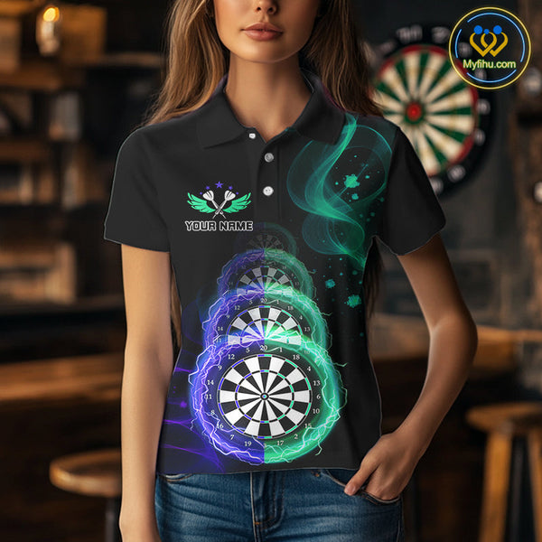 Custom Blue Green Flame Dartboard Lightning Dart Polo Shirts For Women, Dart Jerseys NYN0664