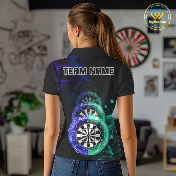 Custom Blue Green Flame Dartboard Lightning Dart Polo Shirts For Women, Dart Jerseys NYN0664