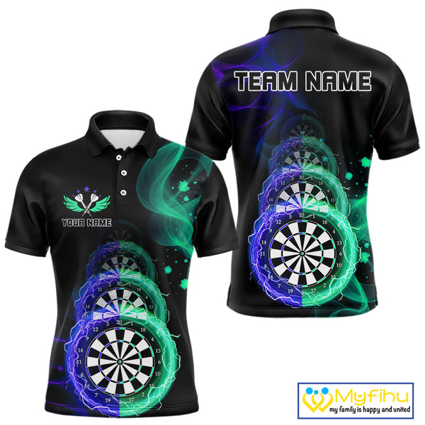 Custom Blue Green Flame Dartboard Lightning Dart Polo Shirts For Men, Dart Jerseys NYN0664
