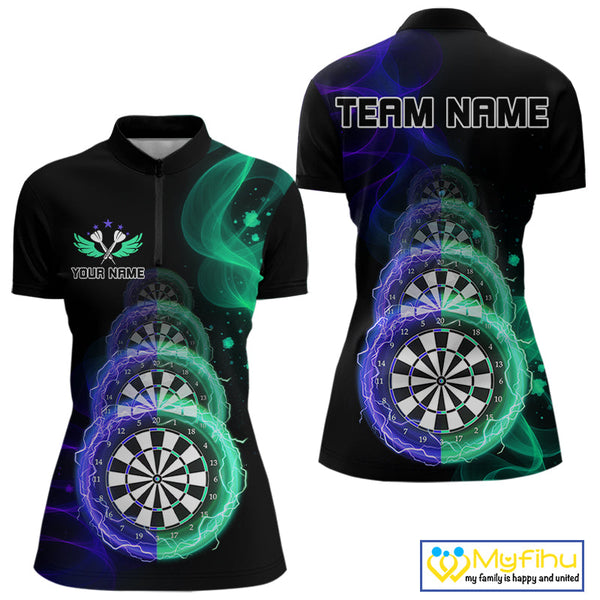 Custom Blue Green Flame Dartboard Lightning Dart Women Quarter-Zip Shirt, Dart Jerseys NYN0664
