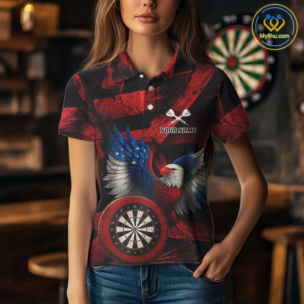 Custom Black Red Eagle Dartboard Patriotic US Flag Dart Polo Shirts For Women NYN0665