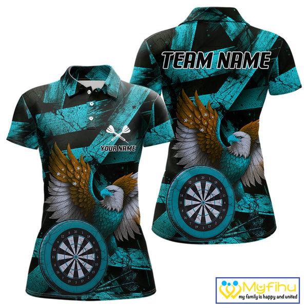 Custom Black And Blue Eagle Dartboard Patriotic US Flag Dart Polo Shirts For Women NYN0667