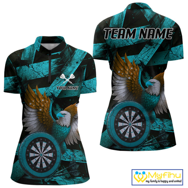 Custom Black And Blue Eagle Dartboard Patriotic US Flag Dart Quarter-Zip Shirts For Women NYN0667