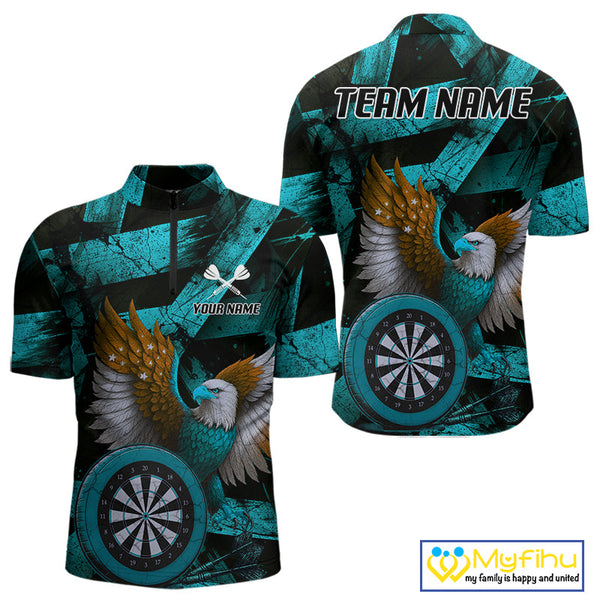 Custom Black And Blue Eagle Dartboard Patriotic US Flag Dart Quarter-Zip Shirts For Men NYN0667