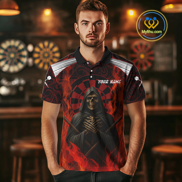 Custom Black And Red Fire Flame Grim Reaper Dart Polo Shirt For Men, Halloween Dart Outfit NYN0405