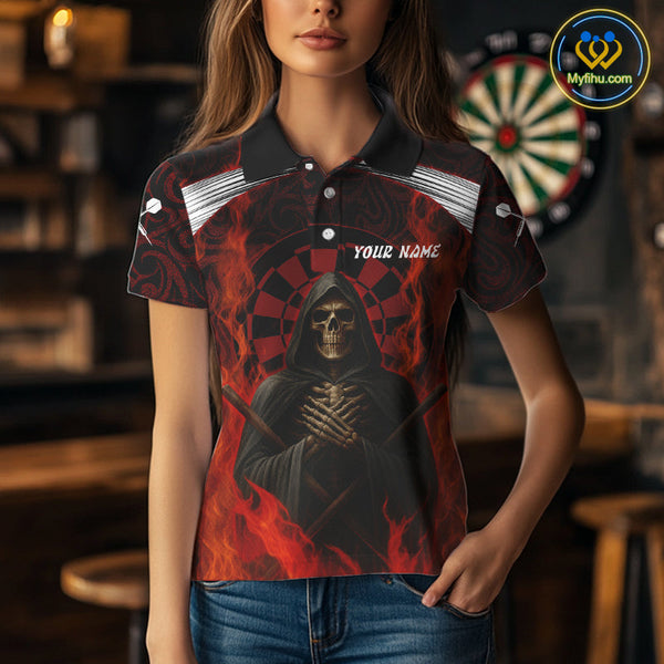 Custom Black And Red Fire Flame Grim Reaper Dart Women Polo Shirt, Halloween Dart Outfit NYN0405