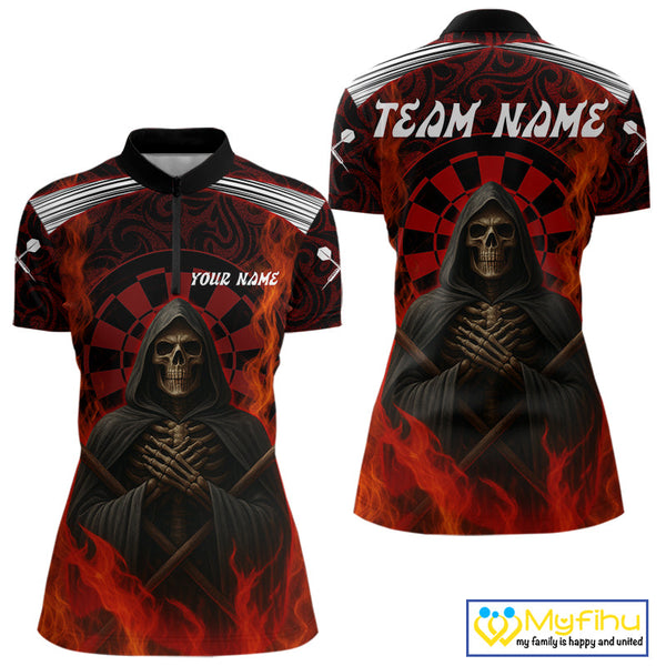Custom Black And Red Fire Flame Grim Reaper Dart Women Quarter-Zip Shirt, Halloween Outfit NYN0405