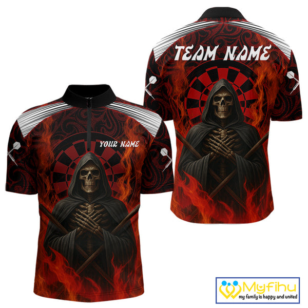 Custom Black And Red Fire Flame Grim Reaper Dart Quarter-Zip Shirt For Men, Halloween Dart Outfit NYN0405