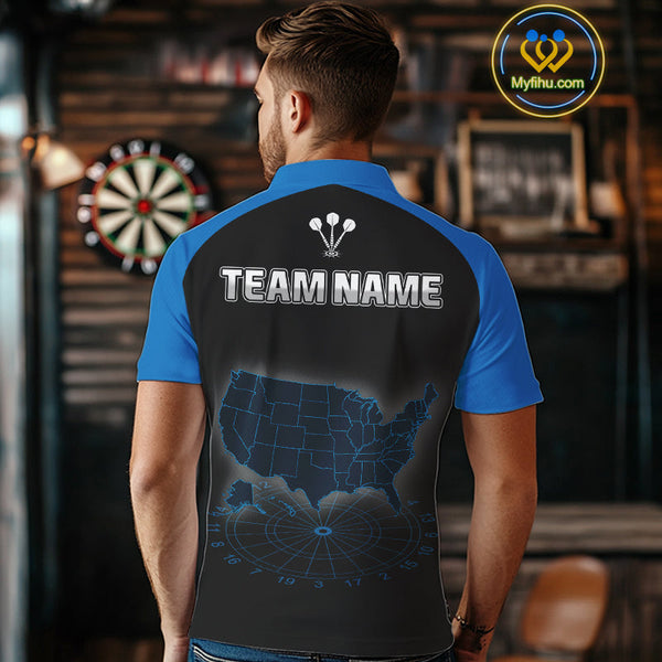 Custom Black And Blue American Dart Legend Dart Polo Shirts For Men, Patriotic Dart Jerseys NYN0415