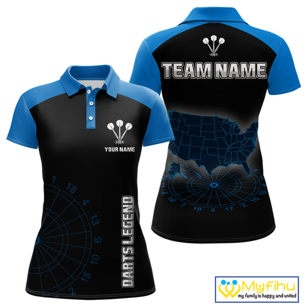 Custom Black And Blue American Dart Legend Dart Women Polo Shirts, Patriotic Dart Jerseys NYN0415
