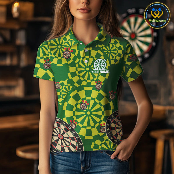 Custom Green And Yellow Dartboard Pattern Dart Team Women Polo Shirts, Dart Jerseys NYN0425