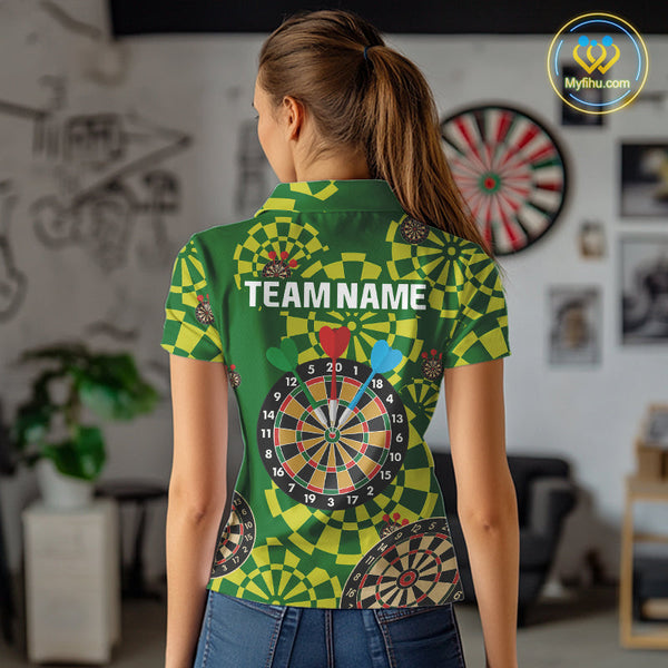 Custom Green And Yellow Dartboard Pattern Dart Team Women Polo Shirts, Dart Jerseys NYN0425