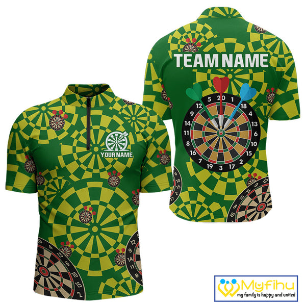 Custom Green And Yellow Dartboard Pattern Dart Team Men Quarter-Zip Shirts, Dart Jerseys NYN0425