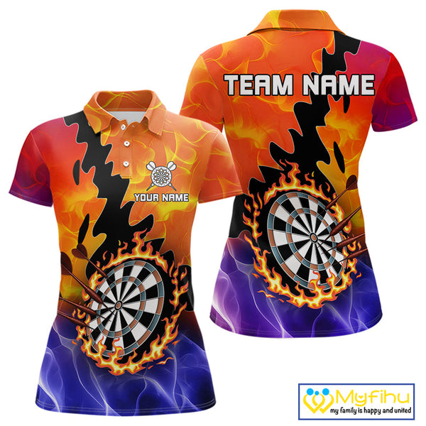 Custom Orange And Purple Fire Flame Dartboard Dart Team Polo Shirts For Women NYN0682