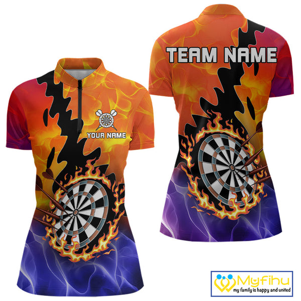 Custom Orange And Purple Fire Flame Dartboard Dart Team Quarter-Zip Shirts For Women NYN0682