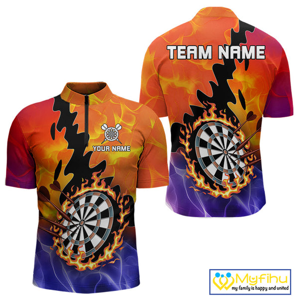 Custom Orange And Purple Fire Flame Dartboard Dart Team Quarter-Zip Shirts For Men NYN0682