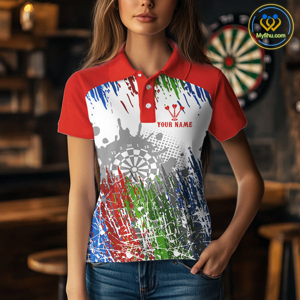 Custom Red Blue Green Splash Paint Dartboard Dart Polo Shirts For Women, Dart Jerseys NYN0683