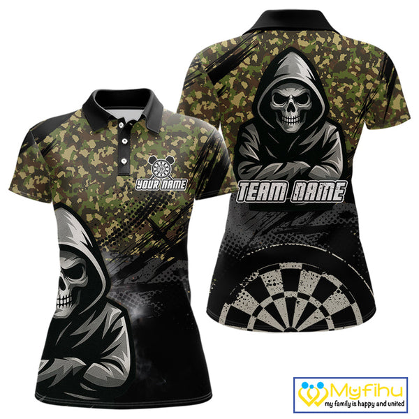 Custom Military Camo Skull Dart Polo Shirt For Women, Halloween Dart Team Outfit NYN0437