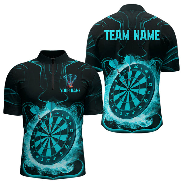 Custom Blue Smoke Flame Dartboard Dart Quarter-Zip Shirt For Men, Dart Tournament Jerseys NYN0470