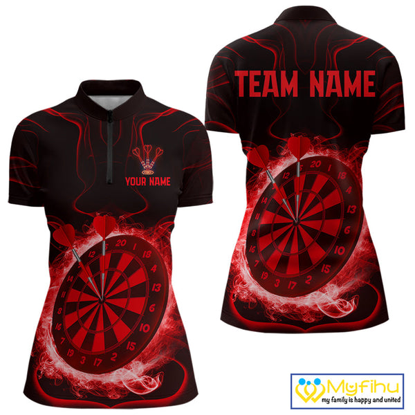 Custom Red Smoke Flame Dartboard Dart Quarter-Zip Shirt For Women, Dart Tournament Jerseys NYN0471