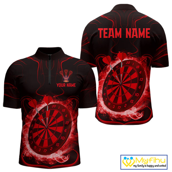 Custom Red Smoke Flame Dartboard Dart Quarter-Zip Shirt For Men, Dart Tournament Jerseys NYN0471