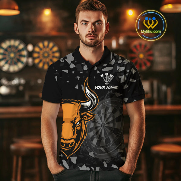 Custom Black And Orange Dart Polo Shirts For Men, Bull Dart Team Jerseys NYN0717