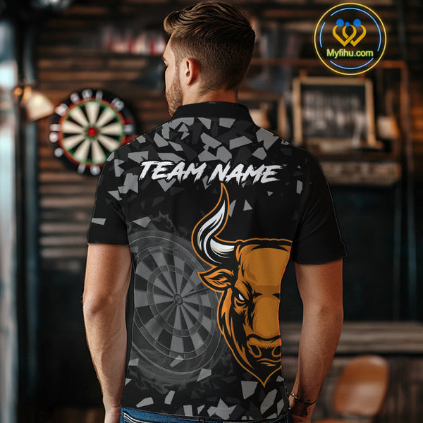 Custom Black And Orange Dart Polo Shirts For Men, Bull Dart Team Jerseys NYN0717