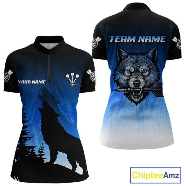 Custom Blue Night Wolf Dart Team Quarter-Zip Shirts For Women, Wolf Darts Jerseys NYN0112