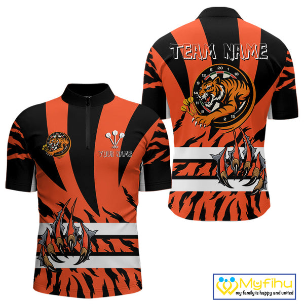 Custom Black And Orange Tiger Dart Team Jerseys, Tiger Dart Quarter-Zip Shirt For Men NYN0479