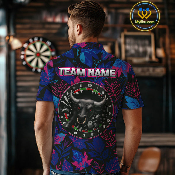 Custom Blue And Purple Leaf Pattern Angry Bull Dart Polo Shirt For Men, Dart Jersey NYN0486