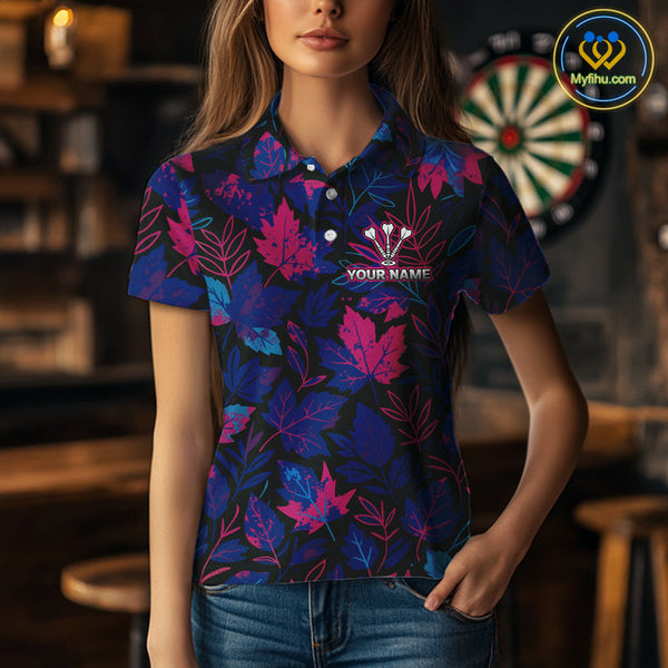 Custom Blue And Purple Leaf Pattern Angry Bull Dart Polo Shirt For Women, Dart Jersey NYN0486