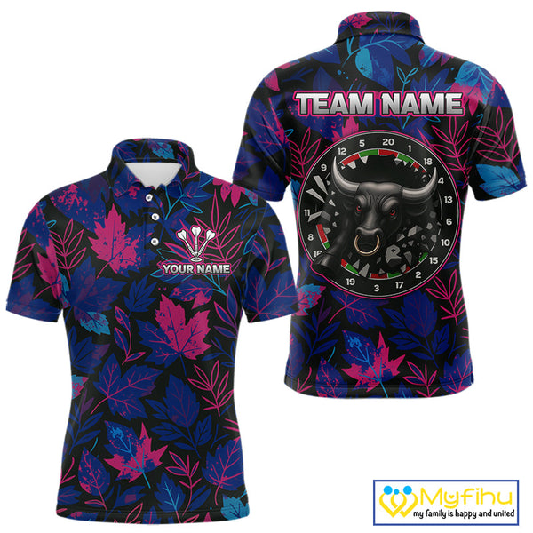 Custom Blue And Purple Leaf Pattern Angry Bull Dart Polo Shirt For Men, Dart Jersey NYN0486