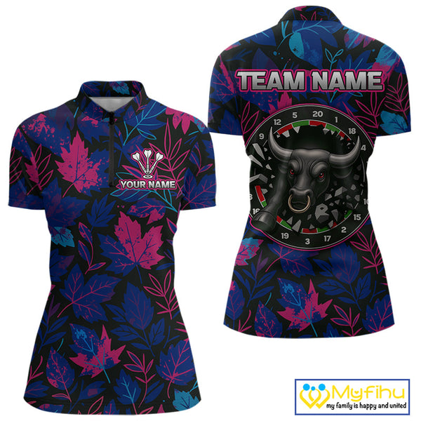 Custom Blue And Purple Leaf Pattern Angry Bull Dart Women Quarter-Zip Shirt, Dart Jersey NYN0486