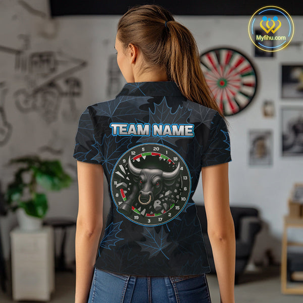 Custom Blue Leaf Pattern Angry Bull Dart Polo Shirt For Women, Dart Jersey NYN0487
