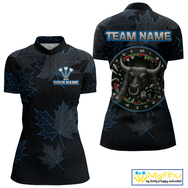 Custom Blue Leaf Pattern Angry Bull Dart Quarter-Zip Shirt For Women, Dart Jersey NYN0487