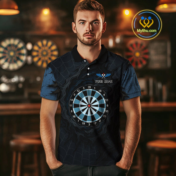 Custom Black And Blue Spider Web Dart Team Polo Shirt For Men, Halloween Dart Outfit NYN0496