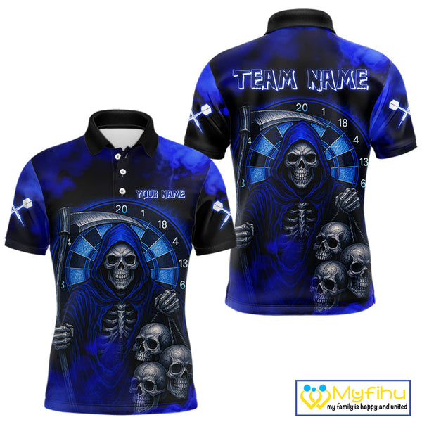 Custom Blue Smoke Grim Reaper Skull Dart Polo Shirt For Men, Halloween Dart Outfit NYN0501