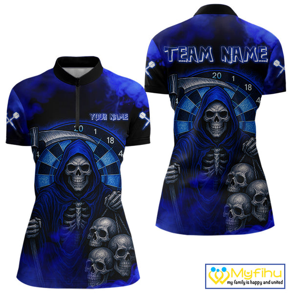 Custom Blue Smoke Grim Reaper Skull Dart Women Quarter-Zip Shirt, Halloween Dart Outfit NYN0501