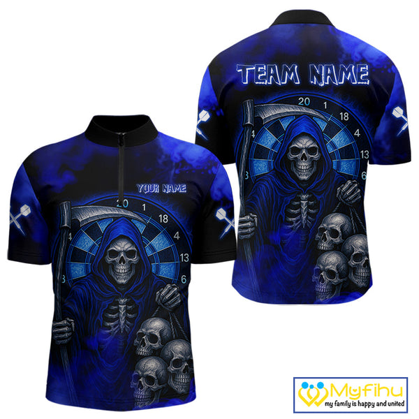 Custom Blue Smoke Grim Reaper Skull Dart Quarter-Zip Shirt For Men, Halloween Dart Outfit NYN0501
