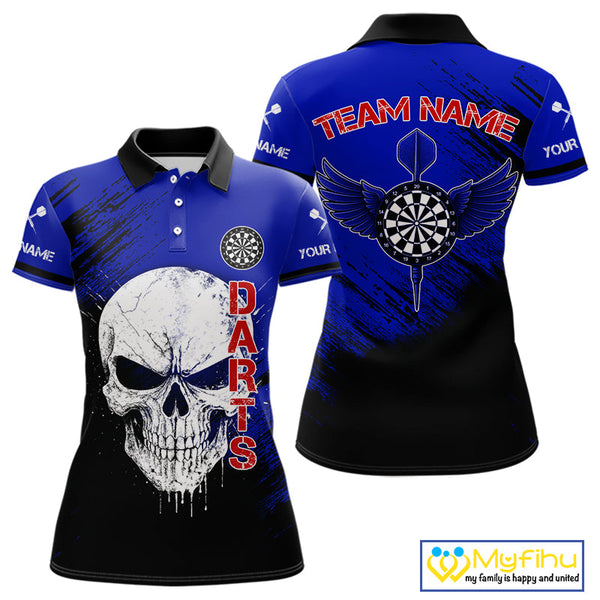 Custom Black, Red And Blue Skull Dart Polo Shirt For Women, Skull Dart Jerseys NYN0505