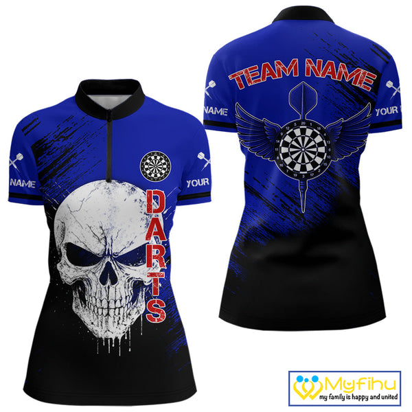 Custom Black, Red And Blue Skull Dart Quarter-Zip Shirt For Women, Skull Dart Jerseys NYN0505