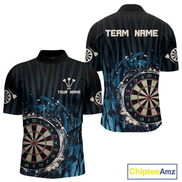 Custom Black And Blue Vintage Dart Quarter-Zip Shirts For Men, Retro Dart Team Shirt NYN0255